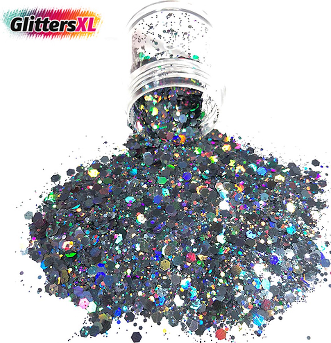 GlittersXL - Chunky Glitters (Zilver/Zwart) (Volume 8g) [Festival Makeup Gezicht Lichaam - Face Body Glitter - Biologisch afbreekbaar - Versiering Dames Volwassen Kinderen]